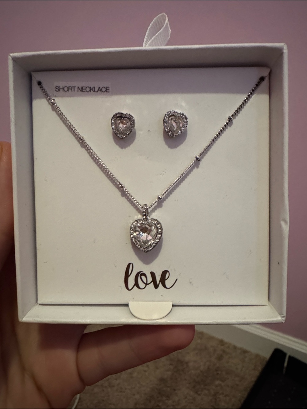 Heart Crystal Pendant Necklace and Stud Earring Set - Silver